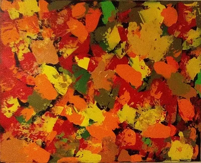Dense abstract painting in red, orange, yellow, green, and earthy brown.