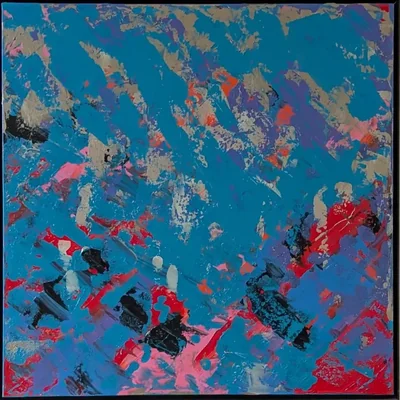 Layered abstract painting in vivid blue with pink, red, lilac, black, and metallic passages.