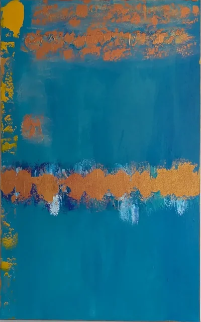 Tall blue abstract painting with copper and gold textured bands near the top and lower third.