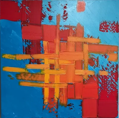 Blue abstract painting layered with red, coral, orange, and yellow woven strokes.