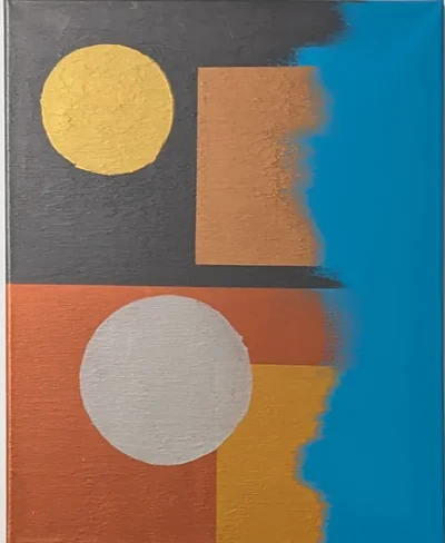 Geometric abstract painting with gold and white circles over gray, copper, and blue planes.