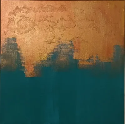 Abstract painting divided between a textured copper field and deep teal lower section.
