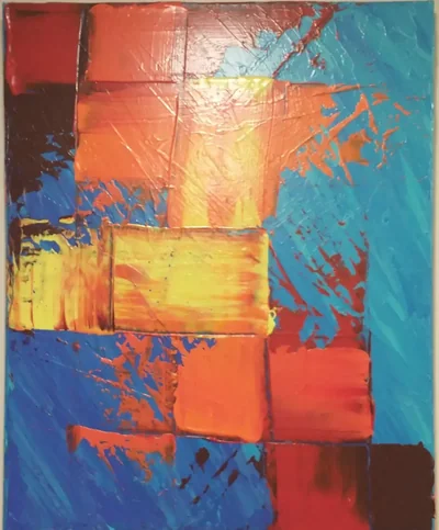 Abstract painting with broad coral, orange, yellow, red, and blue rectangular strokes.