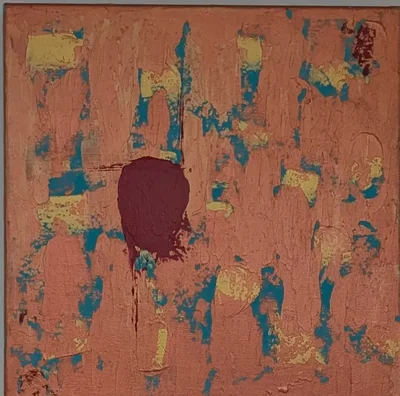 Textured coral abstract painting with turquoise and yellow fragments and one burgundy mark.