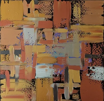 Abstract grid painting in clay, ochre, gray, cream, black, and touches of lilac.