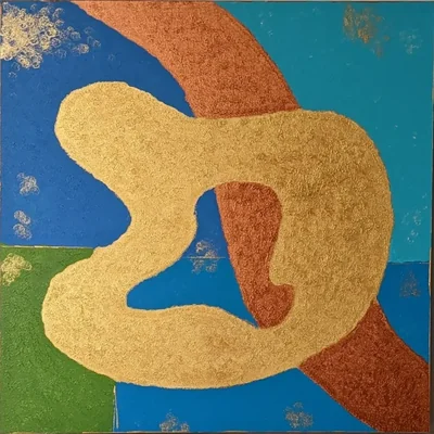 Abstract painting of a looping gold ribbon over blue, turquoise, green, and copper fields.