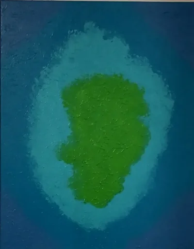 Blue textured abstract painting with soft turquoise and green forms at its center.
