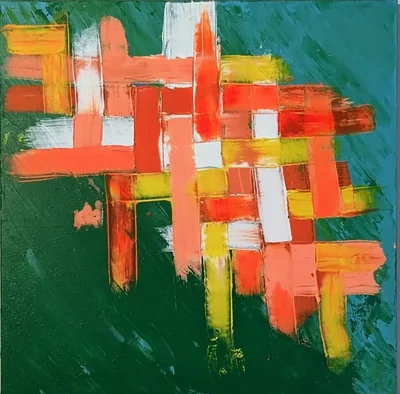 Green abstract painting woven with coral, orange, yellow, and white rectangular strokes.