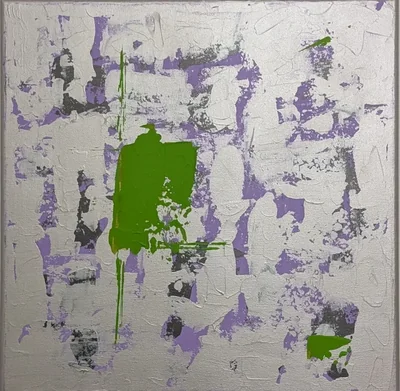 White textured abstract painting with lilac, charcoal, and bright green marks.