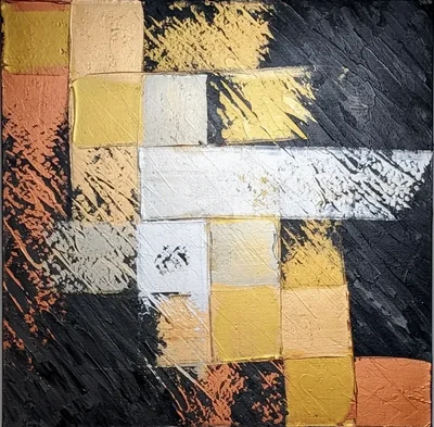 Dark abstract grid painting in black, white, gold, gray, and copper.