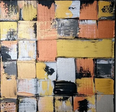 Light abstract grid painting in peach, cream, gold, gray, white, and black.
