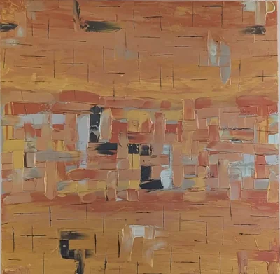 Ochre abstract painting with a woven central band and sparse dark linear marks.