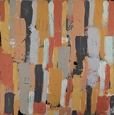 Abstract painting formed from upright peach, ochre, gray, mint, and charcoal strokes.