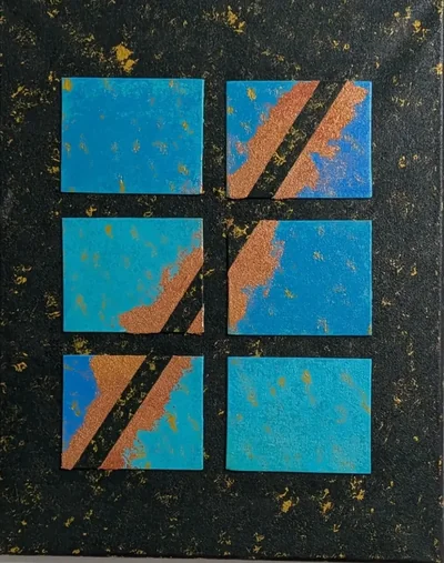 Black and gold abstract painting holding six raised blue and copper panels.