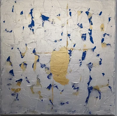 White textured abstract painting with cobalt blue fragments and a central gold form.