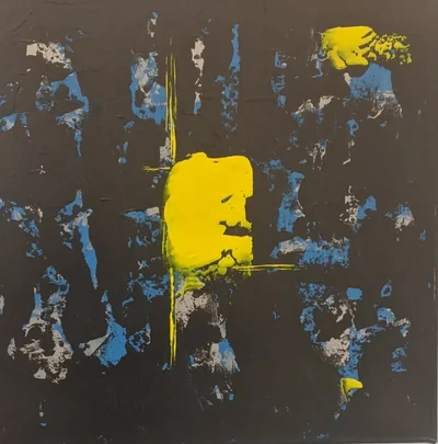 Charcoal abstract painting with weathered blue and white marks and vivid yellow forms.